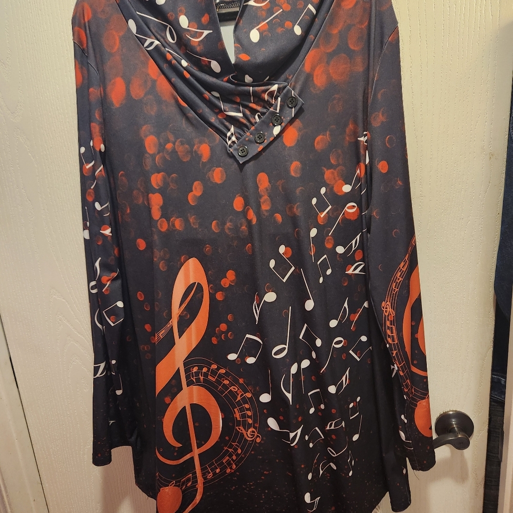 Women's multi color blouse/top, 3XL orange, black, white, musical notes, slip on